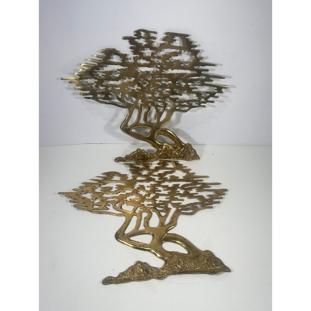 Vintage Bonsai Tree Wall Art Set of 2 Mid Century Modern asian regency Gold tone
